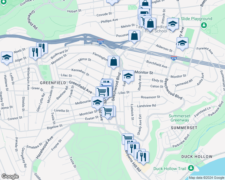 map of restaurants, bars, coffee shops, grocery stores, and more near 3523 Beechwood Boulevard in Pittsburgh