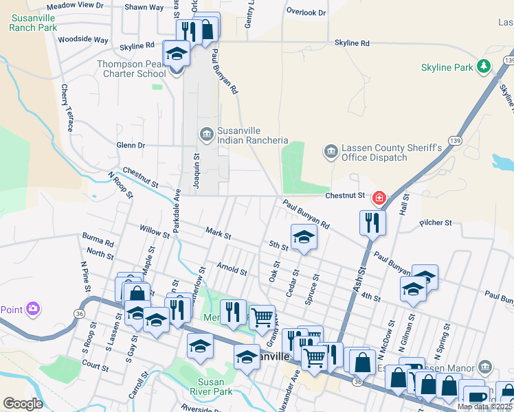 map of restaurants, bars, coffee shops, grocery stores, and more near 1106 Chestnut Street in Susanville