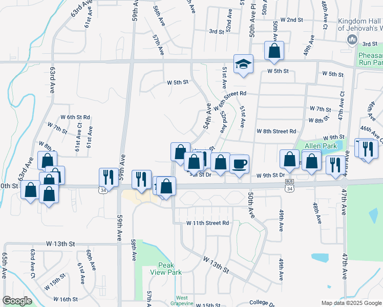 map of restaurants, bars, coffee shops, grocery stores, and more near 5314 West 9th Street in Greeley