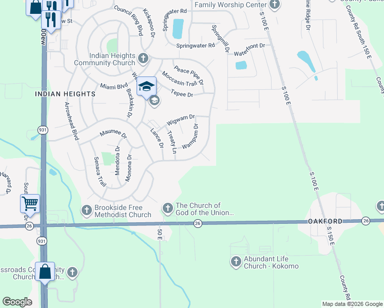 map of restaurants, bars, coffee shops, grocery stores, and more near 5805 Council Ring Boulevard in Kokomo