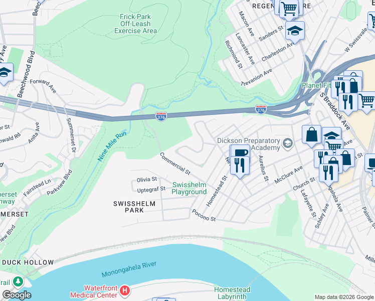 map of restaurants, bars, coffee shops, grocery stores, and more near 1155 Windermere Drive in Pittsburgh