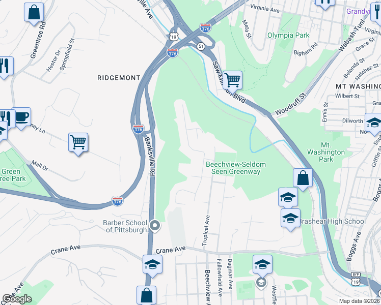 map of restaurants, bars, coffee shops, grocery stores, and more near 1125 Shadycrest Drive in Pittsburgh