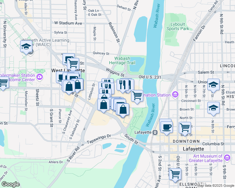 map of restaurants, bars, coffee shops, grocery stores, and more near 322 Brown Street in West Lafayette