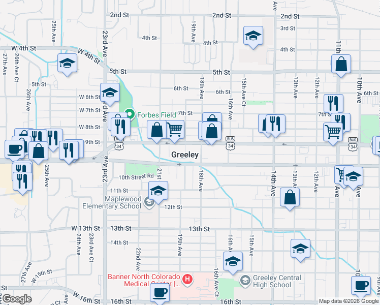 map of restaurants, bars, coffee shops, grocery stores, and more near in Greeley