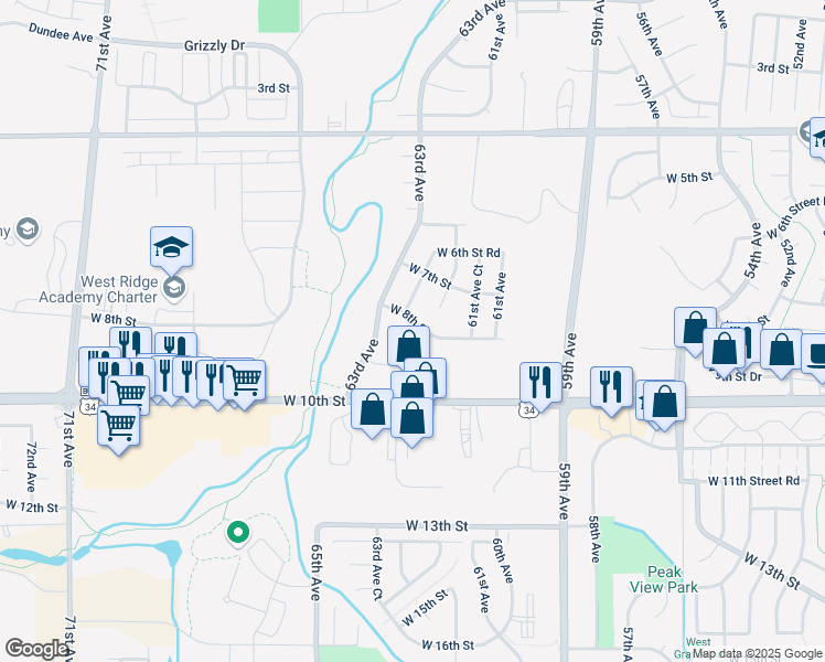 map of restaurants, bars, coffee shops, grocery stores, and more near 6144 West 8th Street in Greeley