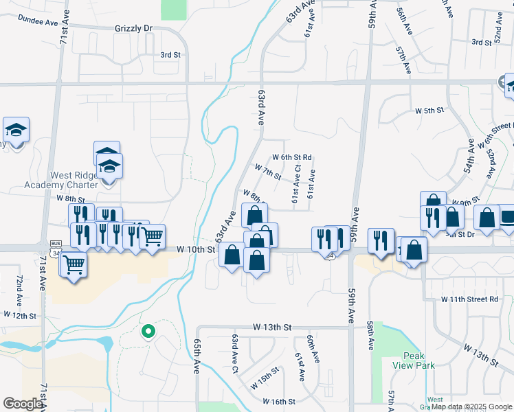 map of restaurants, bars, coffee shops, grocery stores, and more near 6144 West 8th Street in Greeley