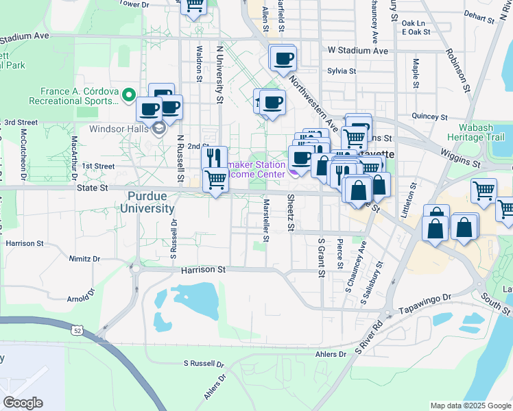 map of restaurants, bars, coffee shops, grocery stores, and more near 615 West State Street in West Lafayette