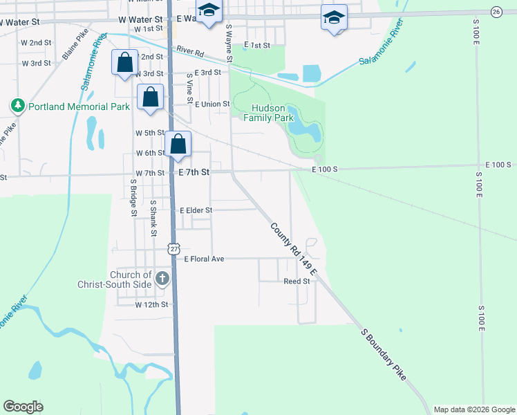 map of restaurants, bars, coffee shops, grocery stores, and more near 900 County Road 149 East in Portland