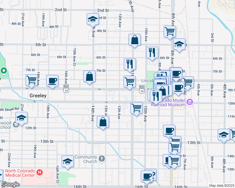 map of restaurants, bars, coffee shops, grocery stores, and more near 909 12th Avenue in Greeley