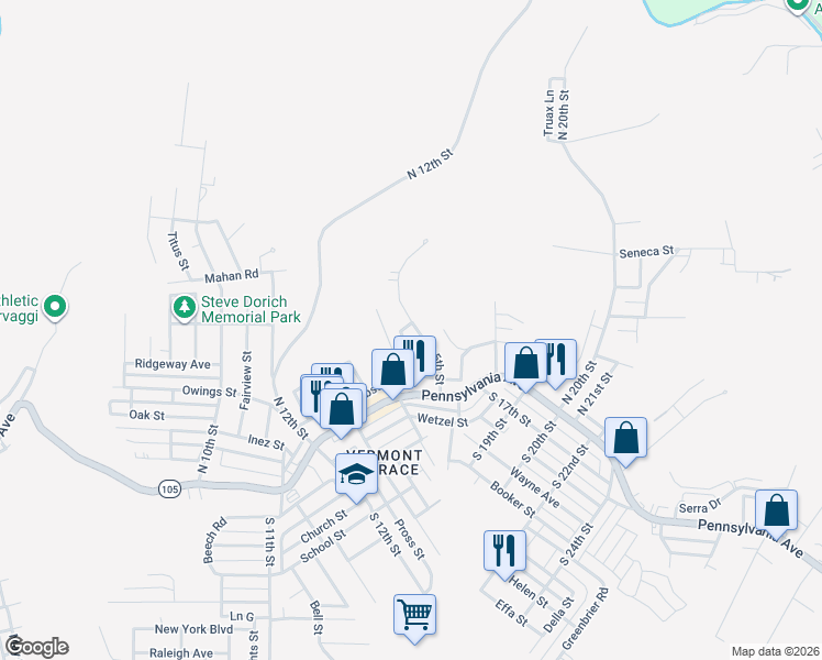 map of restaurants, bars, coffee shops, grocery stores, and more near 159-199 Marshall Avenue in Weirton