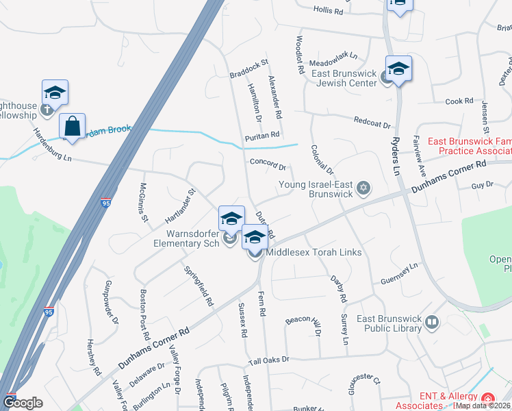 map of restaurants, bars, coffee shops, grocery stores, and more near 1 Putnam Road in East Brunswick