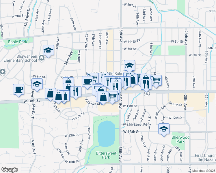 map of restaurants, bars, coffee shops, grocery stores, and more near 921 36th Avenue in Greeley