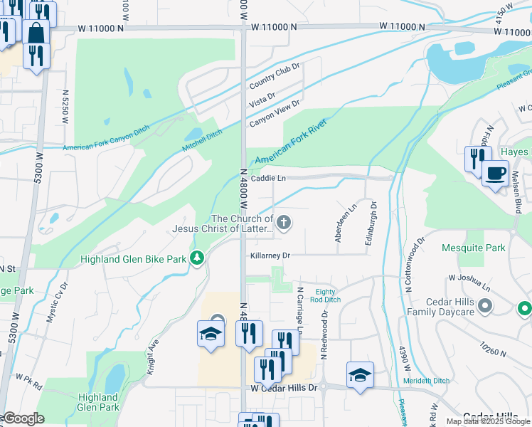 map of restaurants, bars, coffee shops, grocery stores, and more near 10535 Janie Lane in Highland