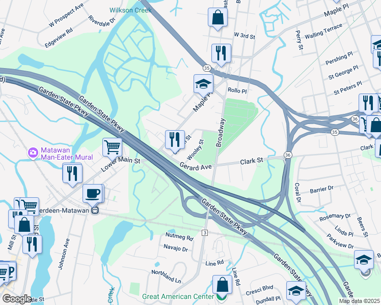 map of restaurants, bars, coffee shops, grocery stores, and more near 37 Wooley Street in Matawan