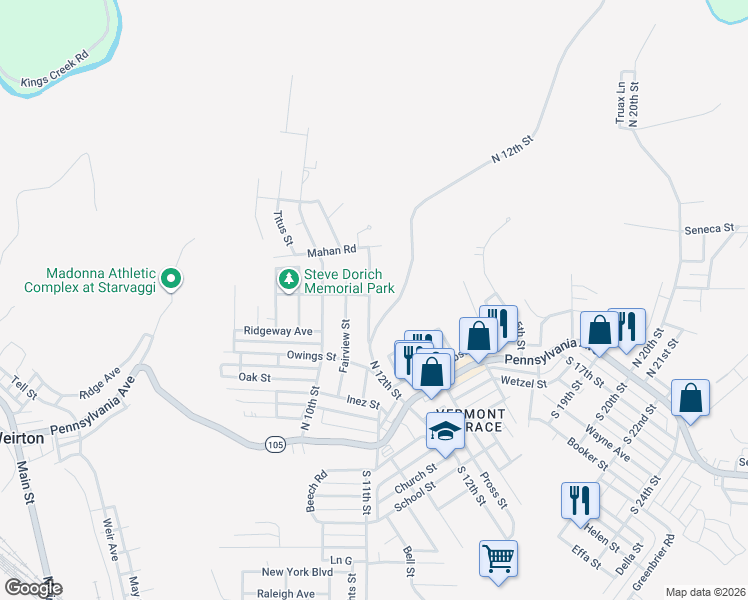 map of restaurants, bars, coffee shops, grocery stores, and more near 356 Thurman Avenue in Weirton