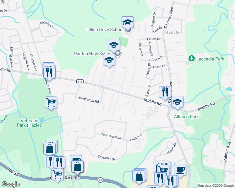 map of restaurants, bars, coffee shops, grocery stores, and more near 5 Shorehaven Trailer Park in Hazlet