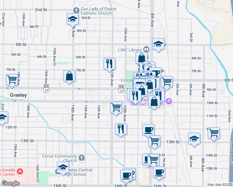 map of restaurants, bars, coffee shops, grocery stores, and more near 1020 9th Street in Greeley