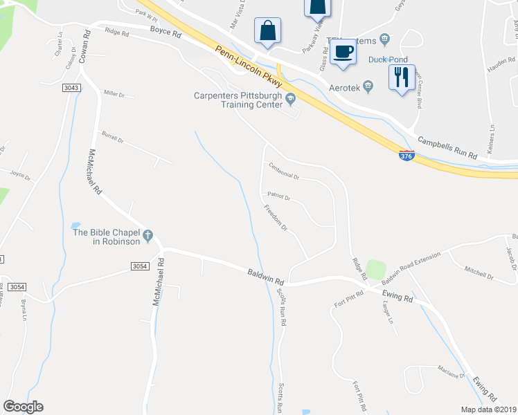 map of restaurants, bars, coffee shops, grocery stores, and more near 687 Freedom Drive in Carnegie