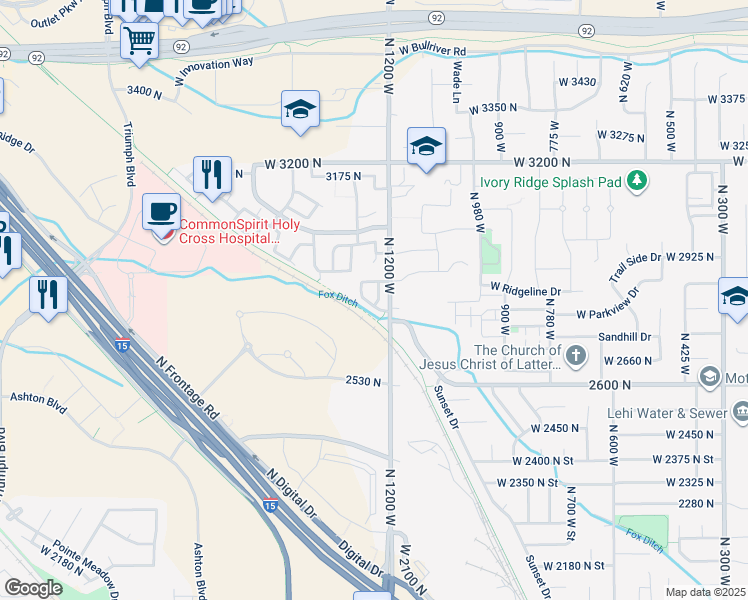 map of restaurants, bars, coffee shops, grocery stores, and more near 1244 North Bridalwood Loop in Lehi
