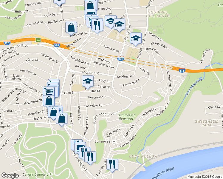 map of restaurants, bars, coffee shops, grocery stores, and more near 2848 Beechwood Boulevard in Pittsburgh