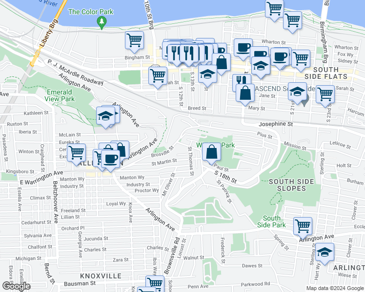 map of restaurants, bars, coffee shops, grocery stores, and more near 4 Monastery Street in Pittsburgh