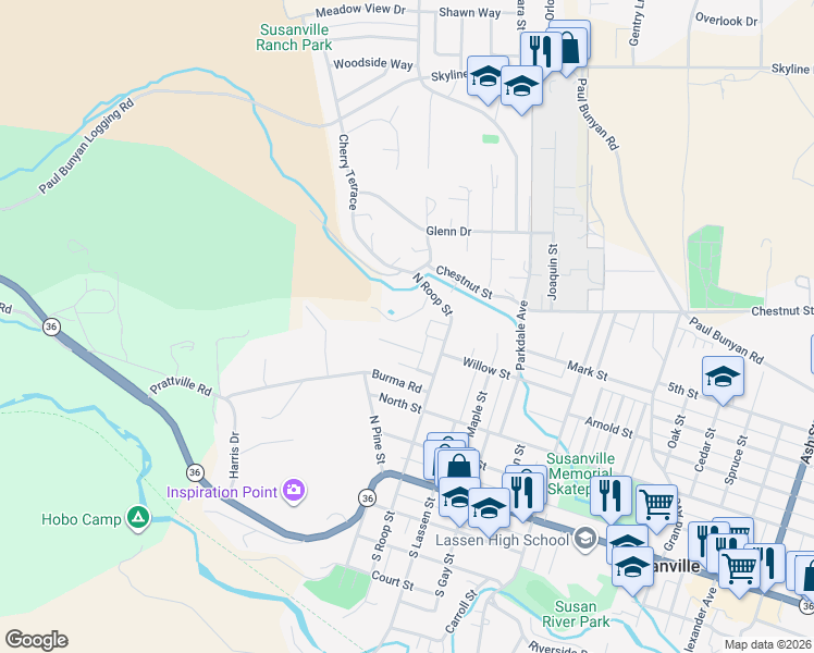 map of restaurants, bars, coffee shops, grocery stores, and more near 550 Wood Duck Court in Susanville