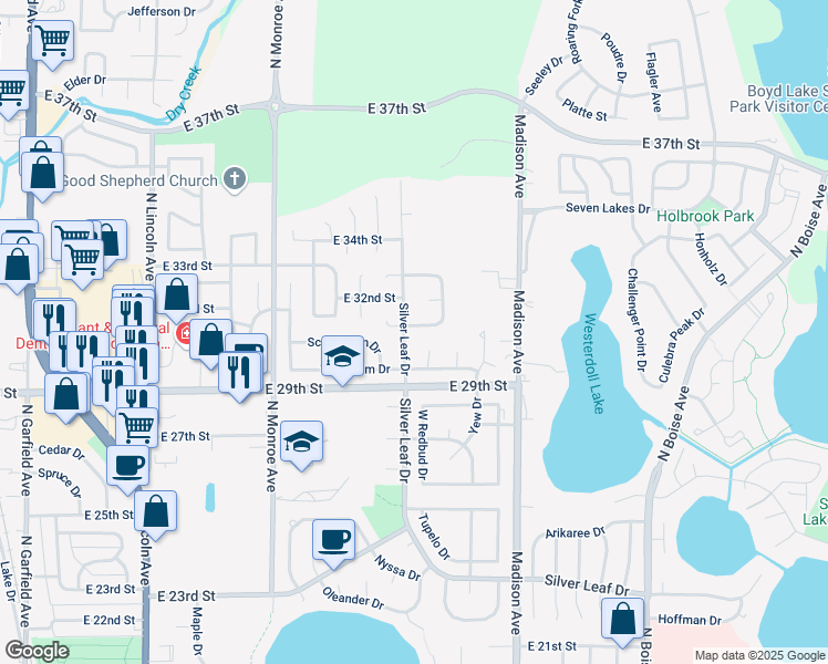 map of restaurants, bars, coffee shops, grocery stores, and more near 1000 Blue Spruce Drive in Loveland