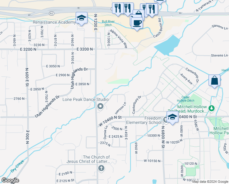 map of restaurants, bars, coffee shops, grocery stores, and more near 7088 Red Hawk Drive in Highland