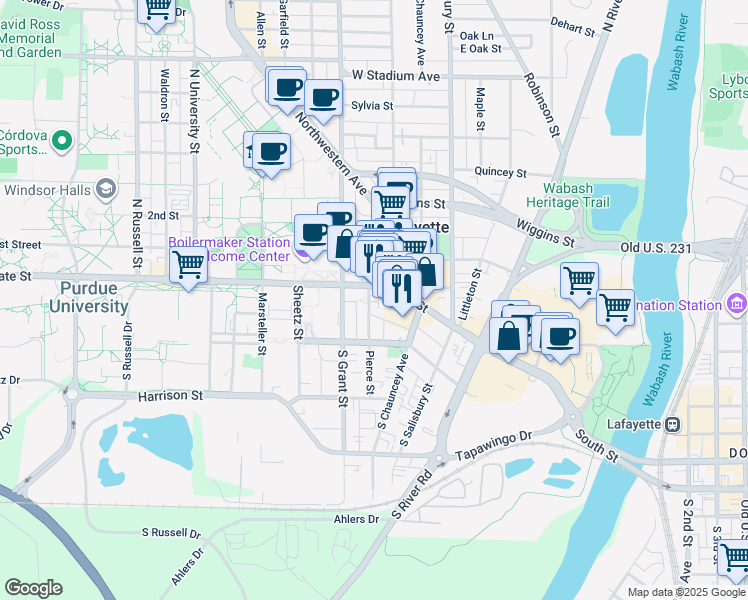map of restaurants, bars, coffee shops, grocery stores, and more near 112 Pierce Street in West Lafayette