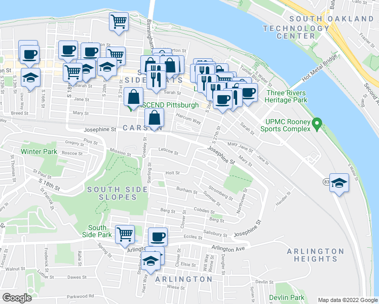 map of restaurants, bars, coffee shops, grocery stores, and more near 19 Kosciusko Way in Pittsburgh