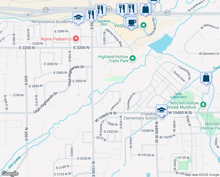 map of restaurants, bars, coffee shops, grocery stores, and more near 7088 Red Hawk Drive in Highland
