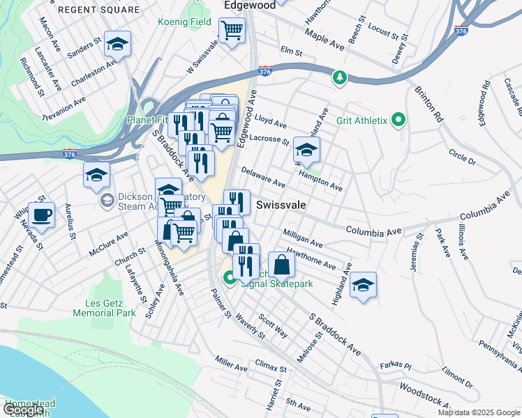 map of restaurants, bars, coffee shops, grocery stores, and more near 7718 Francis Street in Swissvale