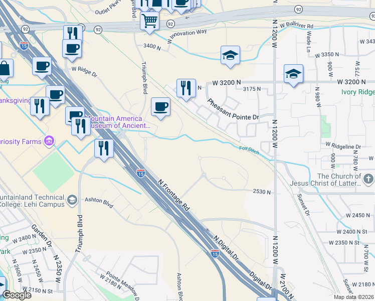 map of restaurants, bars, coffee shops, grocery stores, and more near 9150 West in Lehi