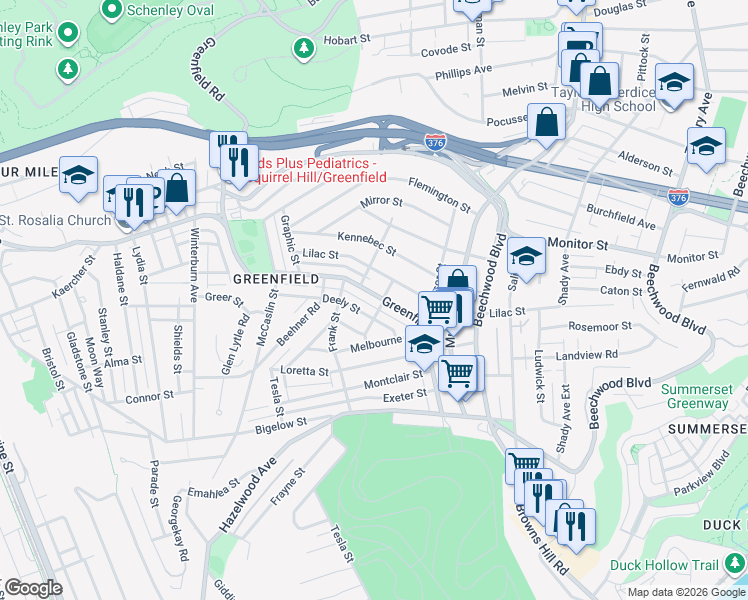 map of restaurants, bars, coffee shops, grocery stores, and more near 938 Greenfield Avenue in Pittsburgh