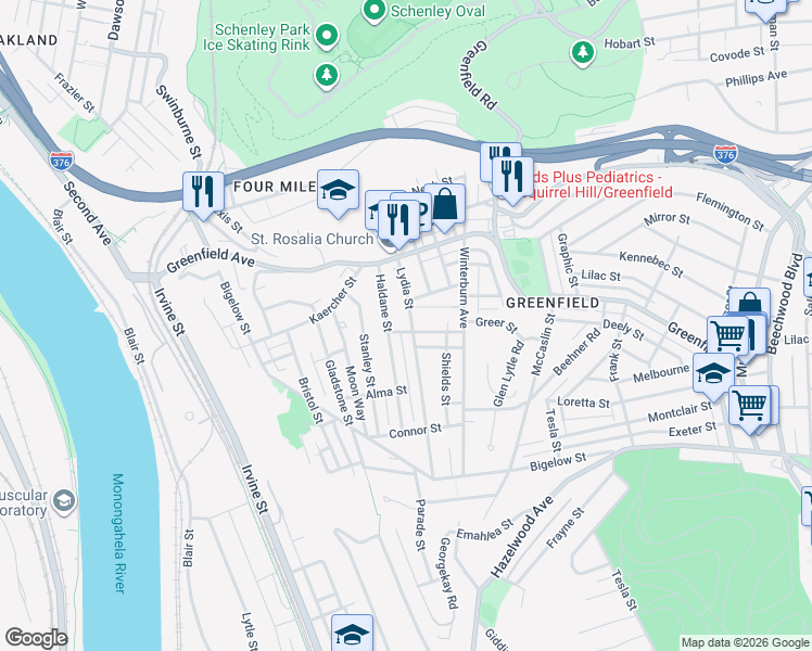 map of restaurants, bars, coffee shops, grocery stores, and more near 4123 Haldane Street in Pittsburgh