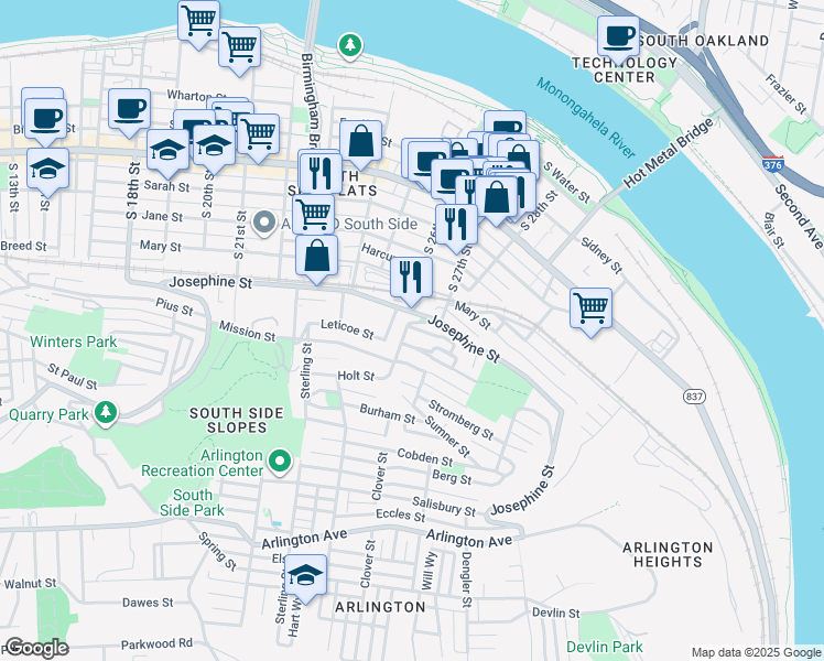 map of restaurants, bars, coffee shops, grocery stores, and more near 2611 McCord Street in Pittsburgh