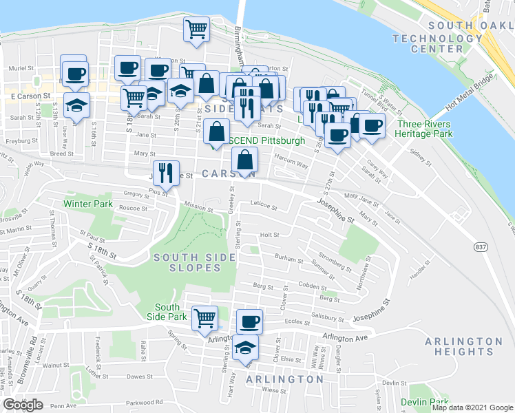 map of restaurants, bars, coffee shops, grocery stores, and more near 2400 Leticoe Street in Pittsburgh