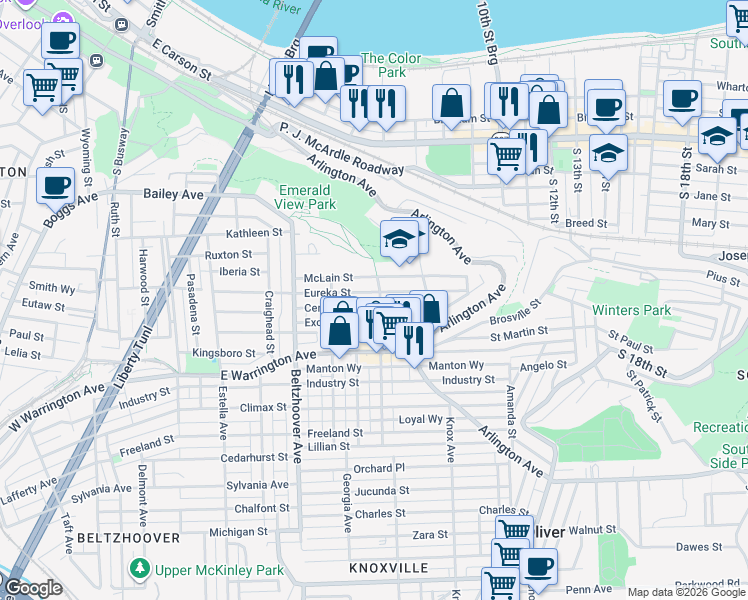 map of restaurants, bars, coffee shops, grocery stores, and more near 804 Eureka Street in Pittsburgh