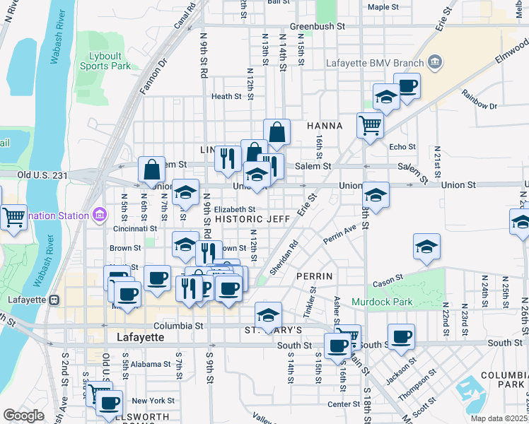 map of restaurants, bars, coffee shops, grocery stores, and more near 1303 Elizabeth Street in Lafayette