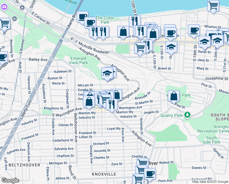 map of restaurants, bars, coffee shops, grocery stores, and more near 25 Emerald Street in Pittsburgh