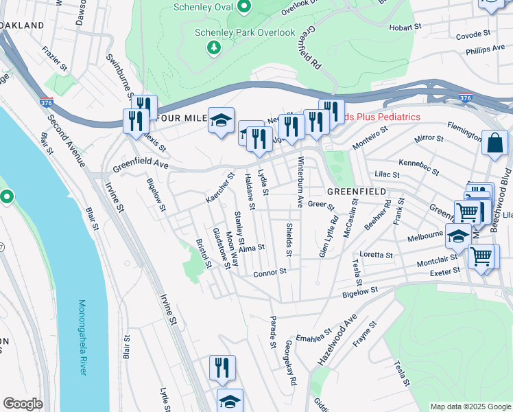 map of restaurants, bars, coffee shops, grocery stores, and more near 4123 Haldane Street in Pittsburgh