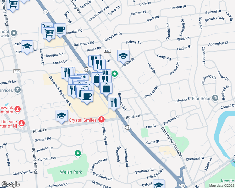 map of restaurants, bars, coffee shops, grocery stores, and more near 31 Burnham Road in East Brunswick