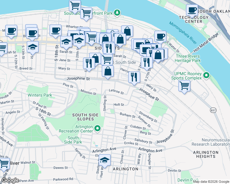 map of restaurants, bars, coffee shops, grocery stores, and more near 2400 Leticoe Street in Pittsburgh