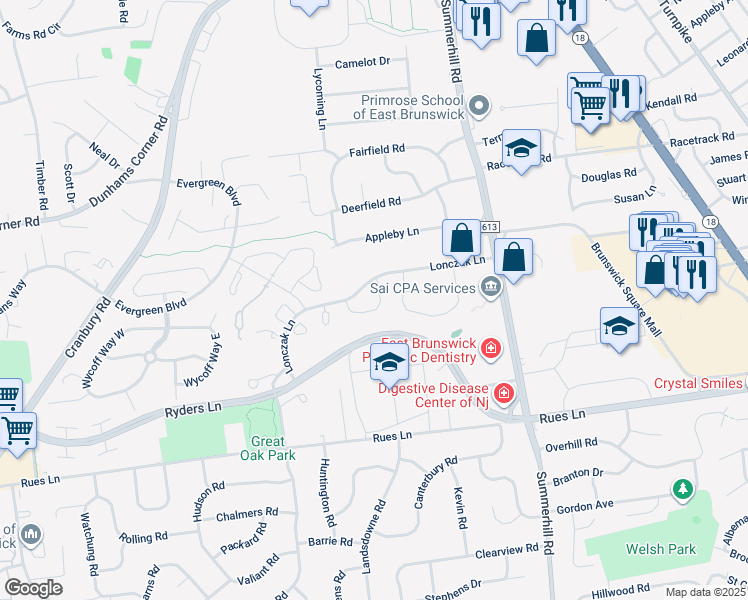 map of restaurants, bars, coffee shops, grocery stores, and more near 134 Baron Lane in East Brunswick