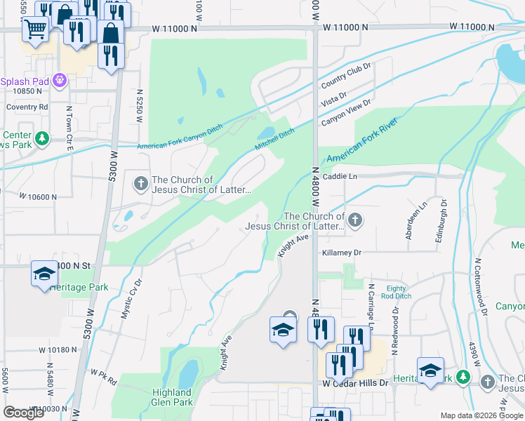 map of restaurants, bars, coffee shops, grocery stores, and more near 4945 Old Oak Lane in Highland