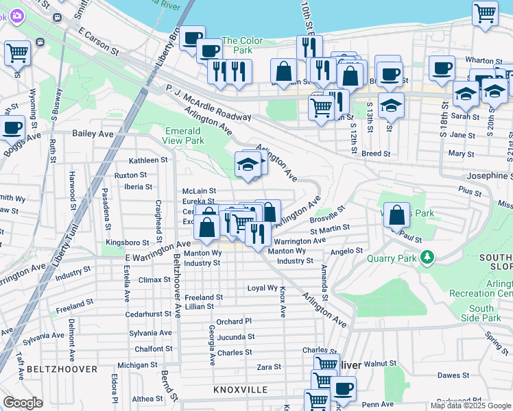 map of restaurants, bars, coffee shops, grocery stores, and more near 25 Emerald Street in Pittsburgh