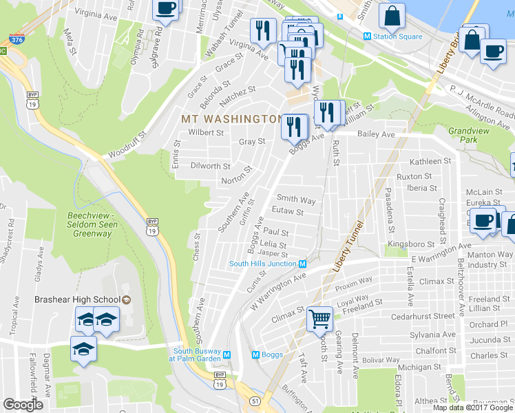 map of restaurants, bars, coffee shops, grocery stores, and more near 430 Boggs Ave in Pittsburgh