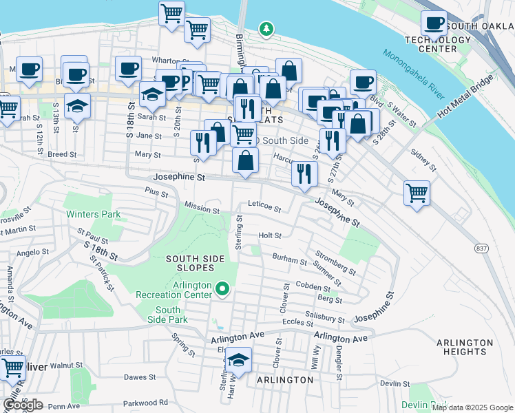 map of restaurants, bars, coffee shops, grocery stores, and more near 2318 Leticoe Street in Pittsburgh