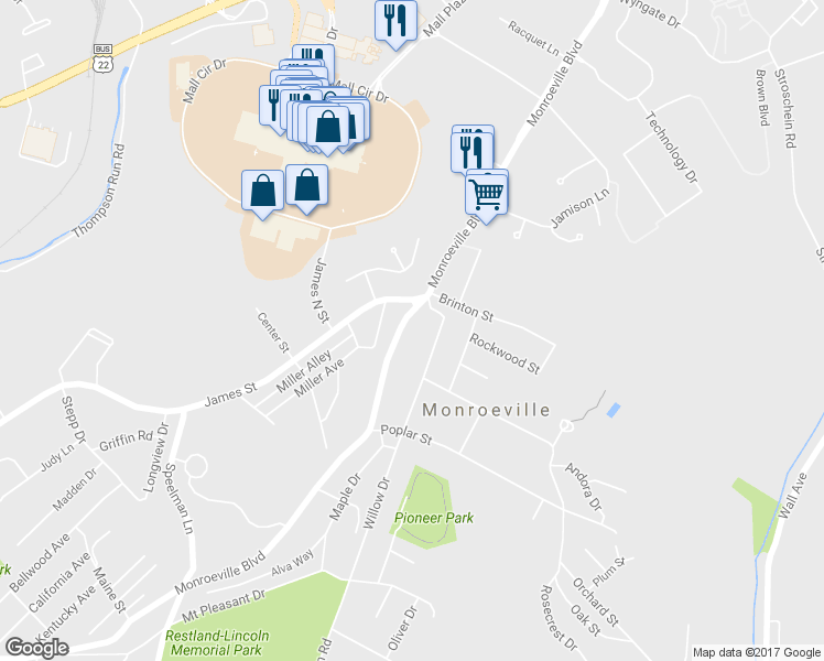 map of restaurants, bars, coffee shops, grocery stores, and more near 2342 Monroeville Road in Monroeville