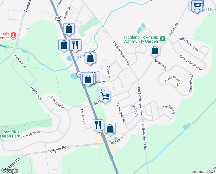 map of restaurants, bars, coffee shops, grocery stores, and more near 36 Mimosa Court in Quakertown
